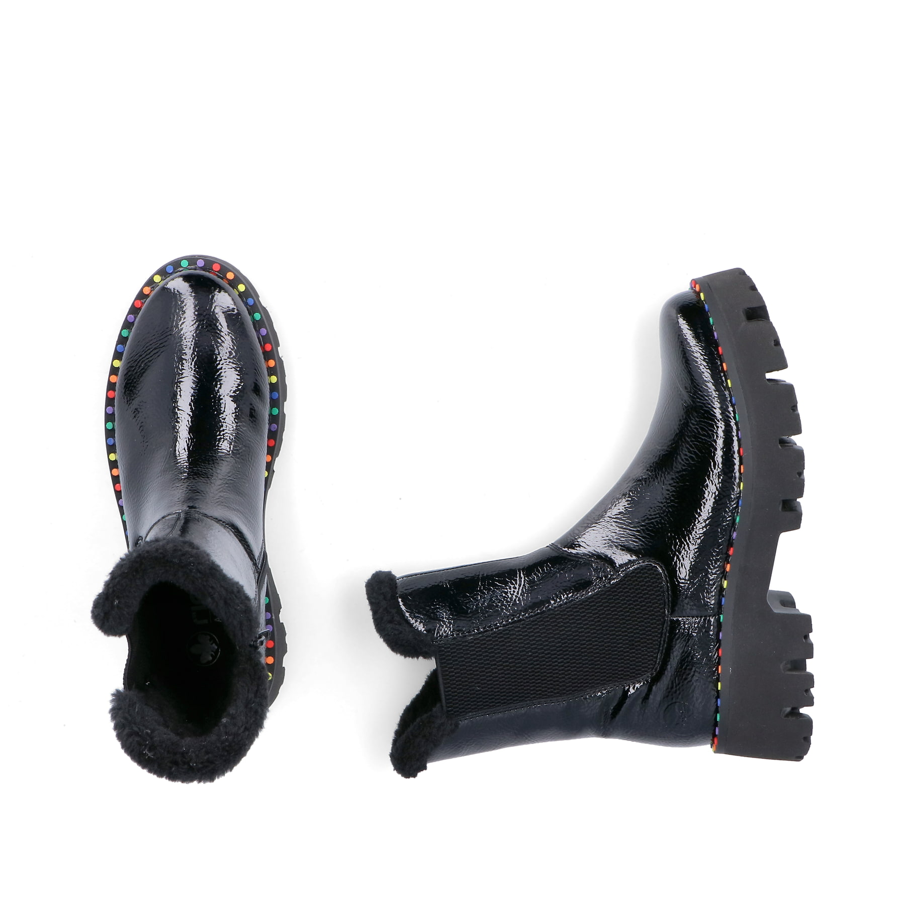 Schwarze Rieker Damen Chelsea Boots Y3350-00 mit einem Reißverschluss. Schuh von oben, liegend.