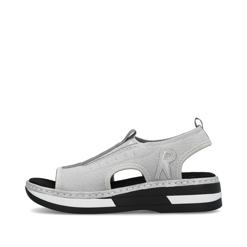 Metallische Rieker Damen Riemchensandalen V59B5-90 mit einem Gummizug. Schuh Außenseite.