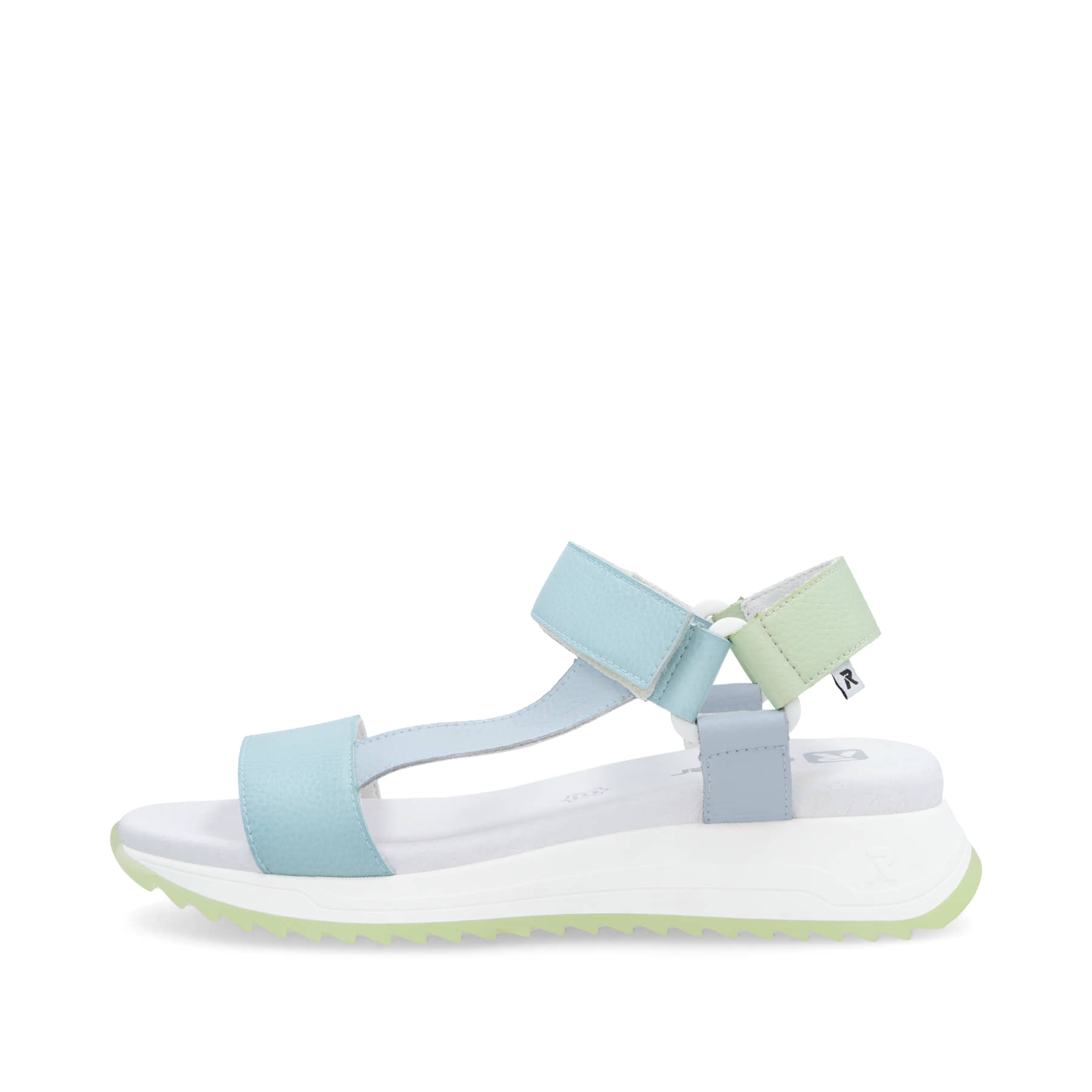 Blaue Rieker Damen Trekkingsandalen W2951-10 mit einem Klettverschluss. Schuh Außenseite.