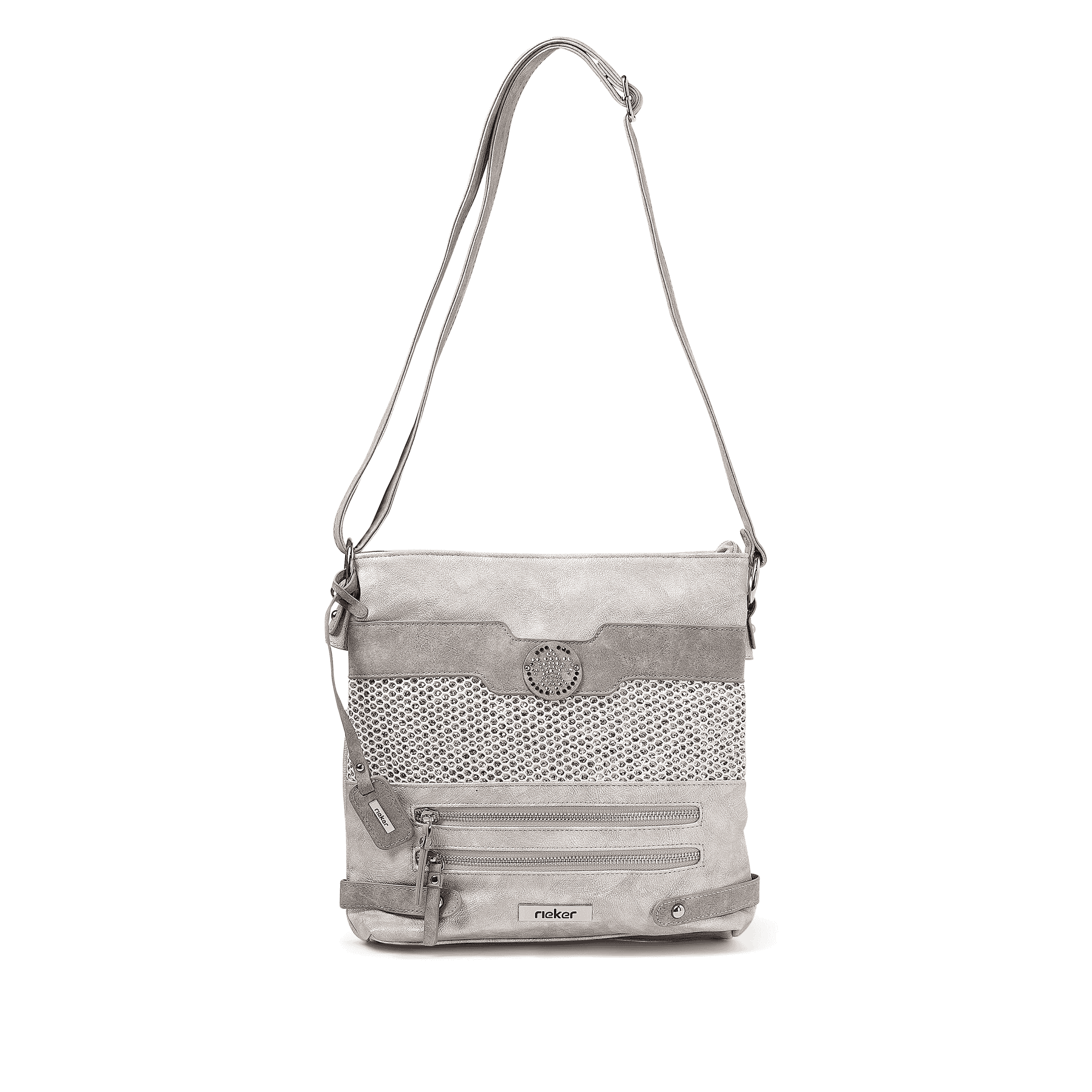 Sac à bandoulière Rieker H1346-40 gris-combi avec des pierres précieuses et des compartiments pratiques à l'intérieur et à l'extérieur. Face avant.
