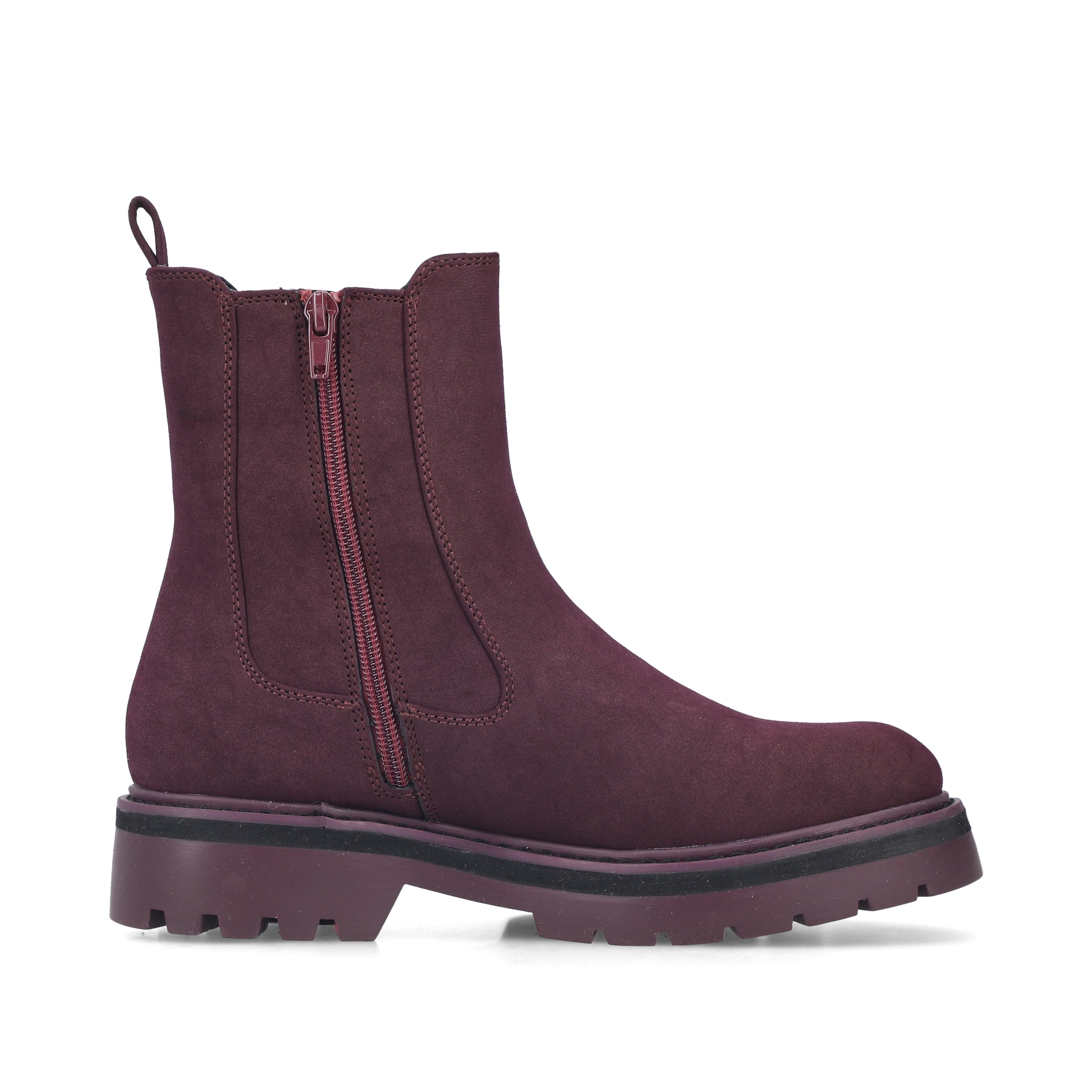 Brombeerfarbene Rieker Damen Chelsea Boots 91580-30 mit einem Reißverschluss. Schuh Innenseite.