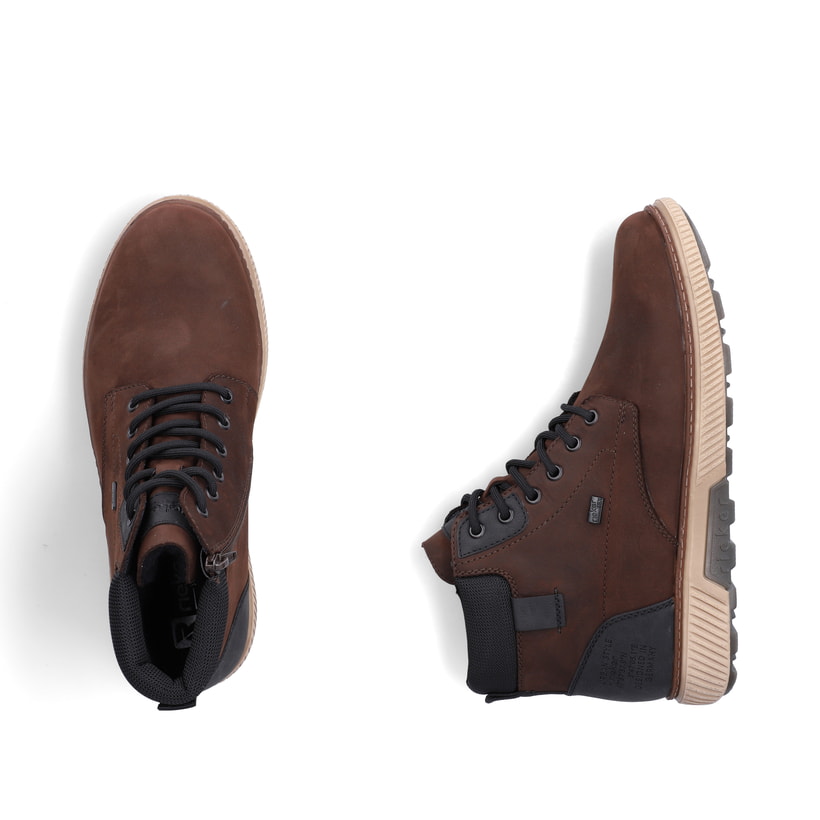 Dunkelbraune Rieker Herren Schnürstiefel B3343-27 aus Rauleder. Schuh von oben, liegend.
