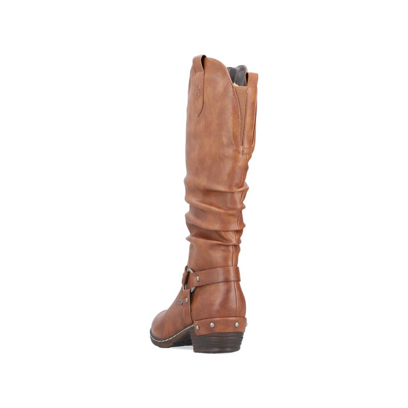 Braune Rieker Damen Hochschaftstiefel 93670-24 mit wasserabweisender TEX-Membran. Schuh von hinten.
