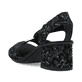 Schwarze Rieker Riemchensandaletten 64683-91 mit einem Gummizug. Schuh von hinten.