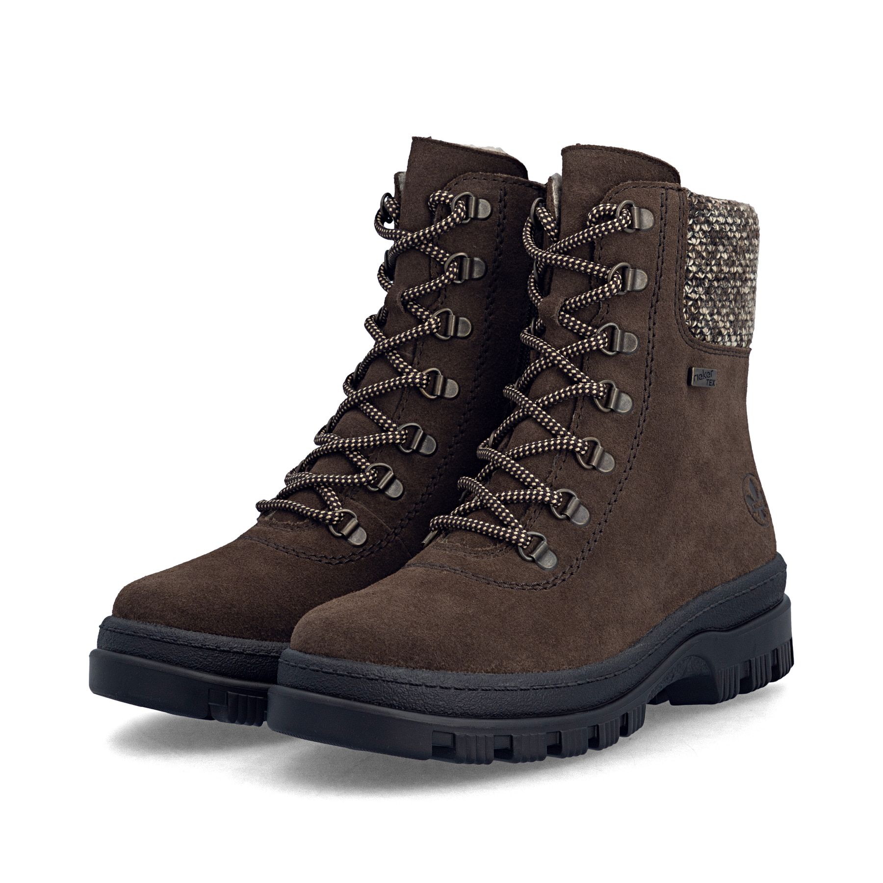 Dunkelbraune Rieker Damen Schnürstiefel X8233-25 aus Rauleder. Schuhpaar seitlich schräg.