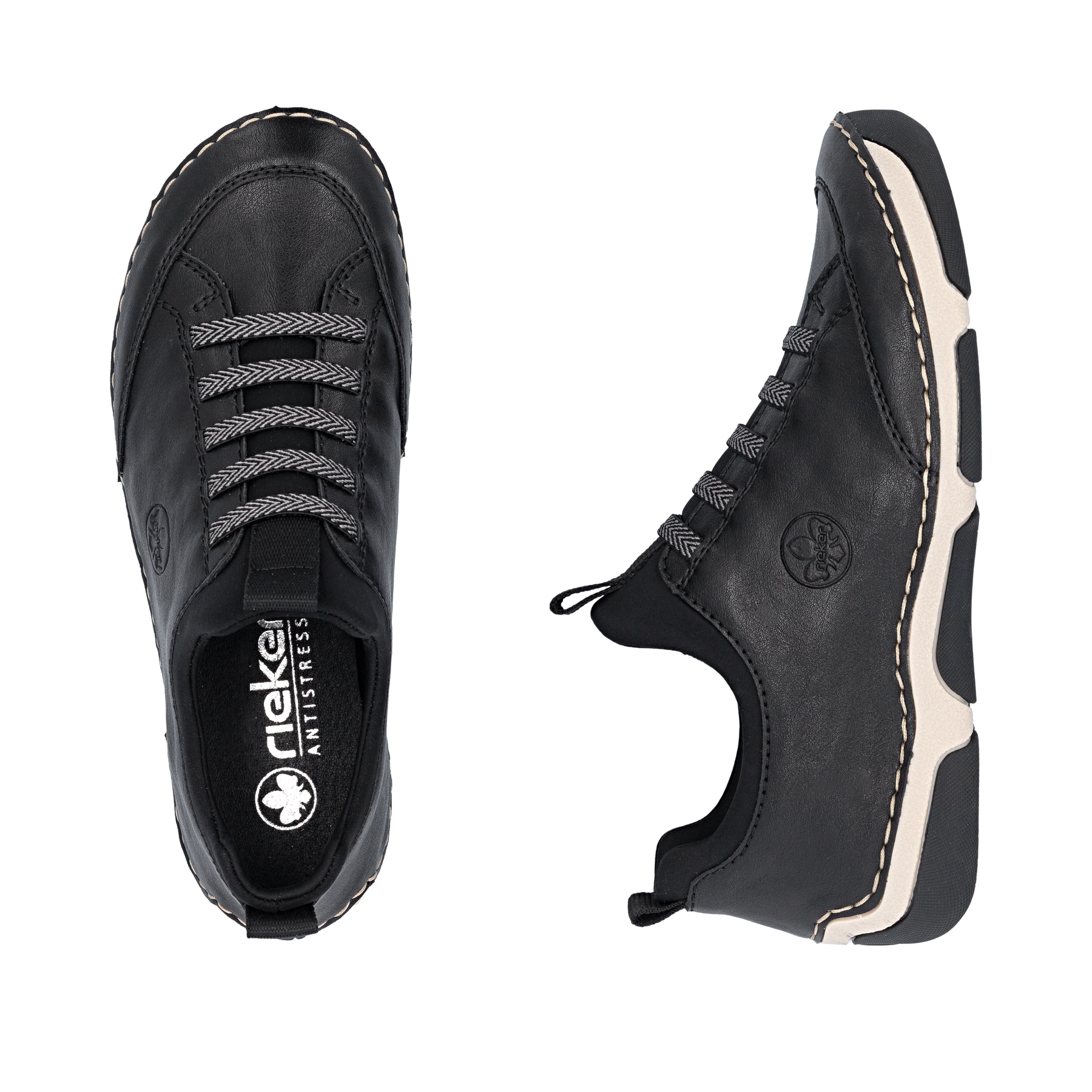 Schwarze Rieker Damen Slipper 55952-00 mit einem Gummizug. Schuh von oben, liegend.