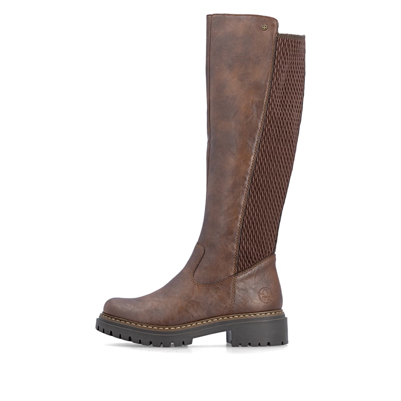 Braune Rieker Damen Hochschaftstiefel 72657-22 mit einem Reißverschluss. Schuh Außenseite.