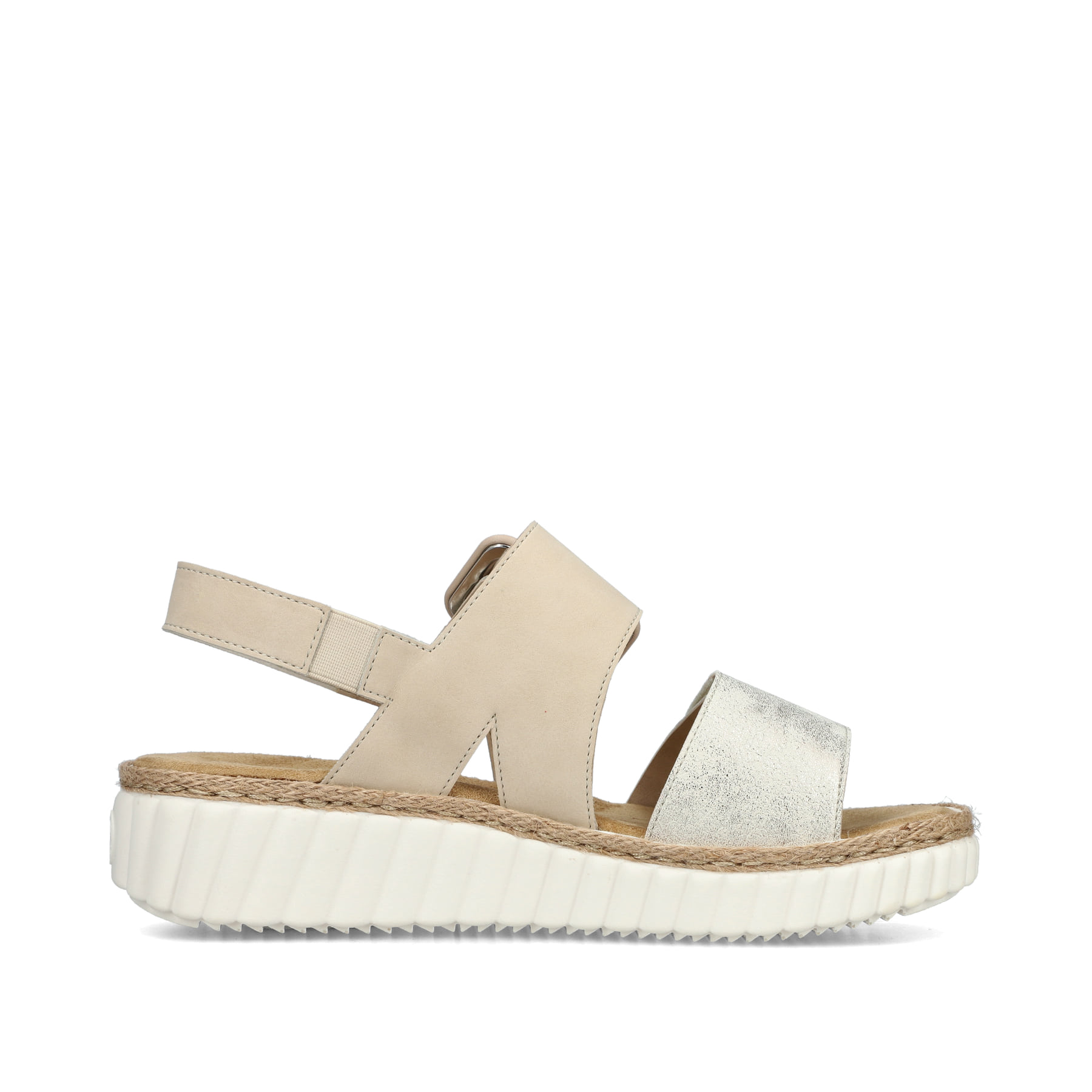 Beige Rieker Keilsandaletten 69260-60 mit trendigen Schnalle. Schuh Innenseite.