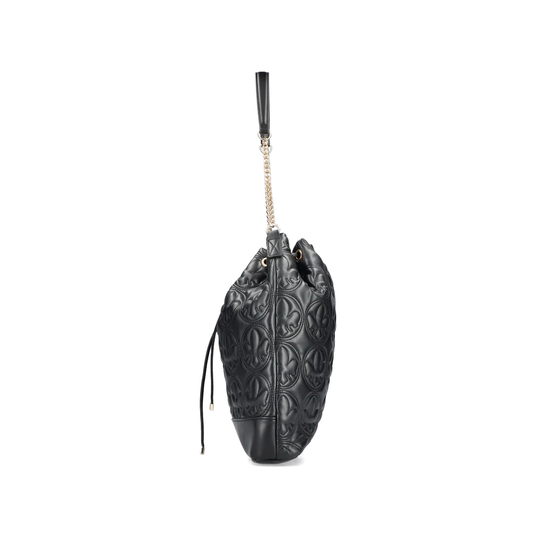 Rieker Umhängetasche H1023-00 in Schwarz zum Zusammenziehen und mit einer goldenen Kette als Schulterriemen. Linksseitig.