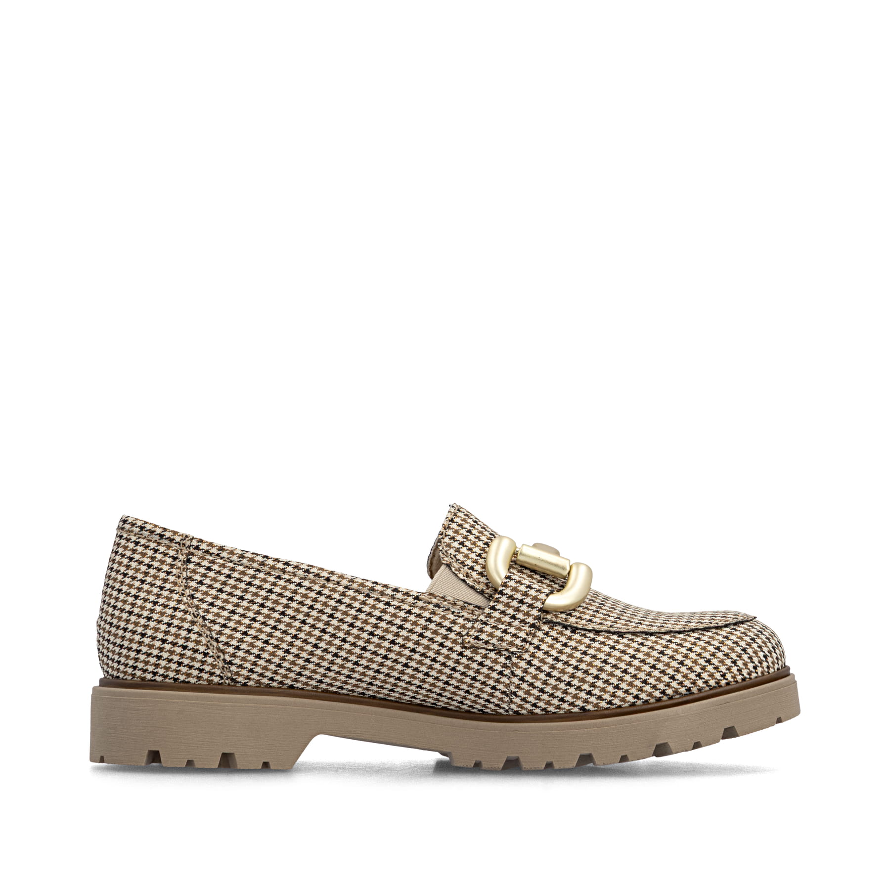 Mocassins Rieker beiges pour femmes 45561-60 avec éléments décoratifs. Côté intérieur de la chaussure.