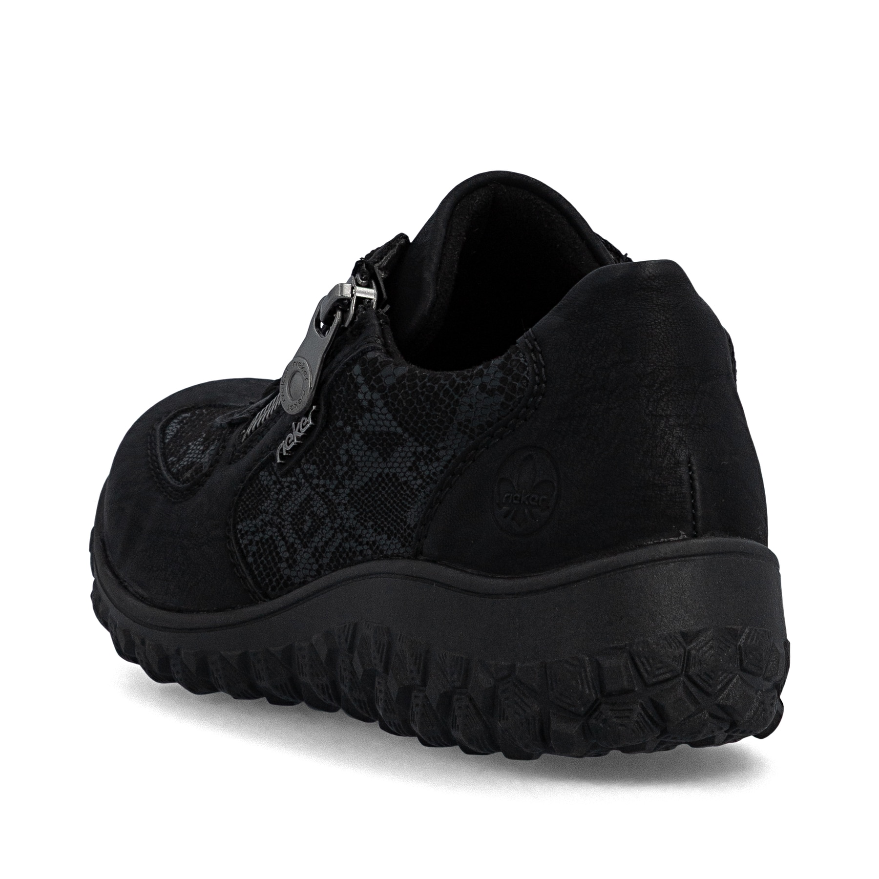 Baskets basses Rieker noires pour femmes 59501-00 avec fermeture éclair. Chaussure vue de l'arrière.
