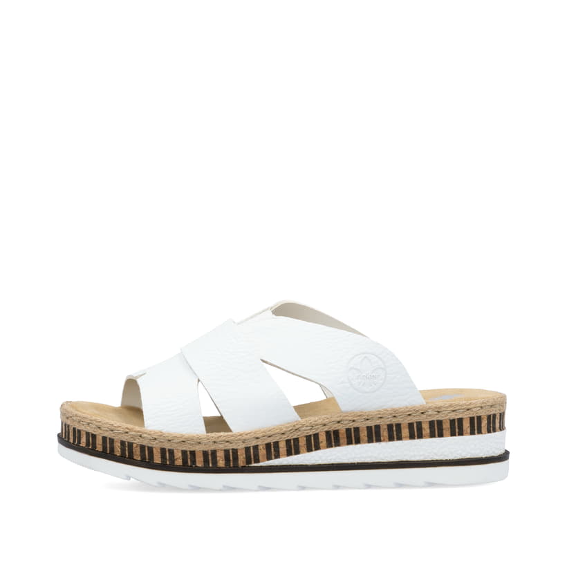 Weiße Rieker Damen Pantoletten V7989-80 mit einem Gummizug. Schuh Außenseite.