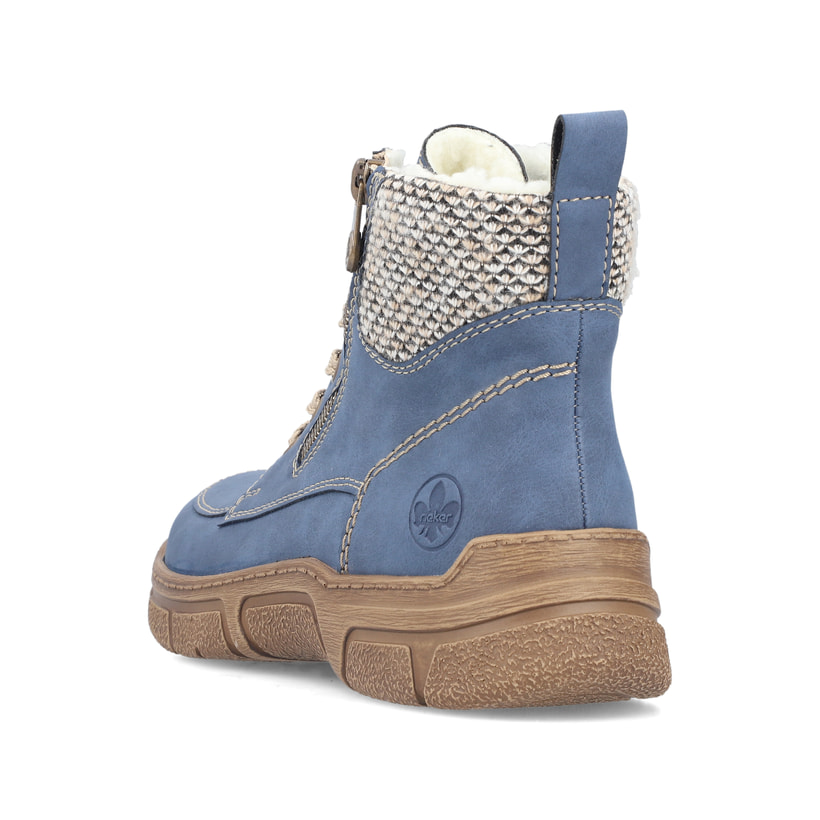 Blaue Rieker Damen Schnürstiefel 72330-14 mit Reißverschluss sowie Extraweite H. Schuh von hinten.