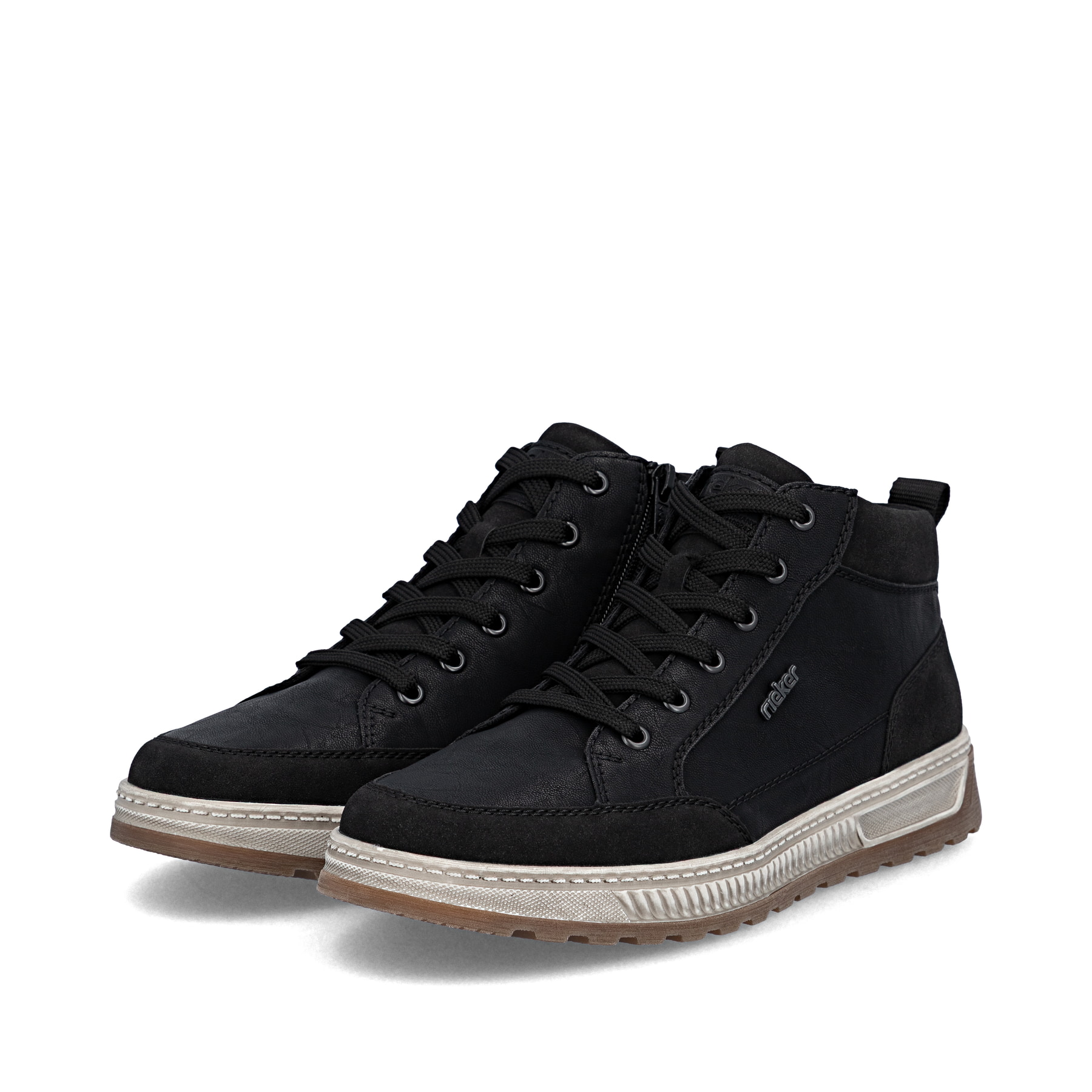 Schwarze Rieker Herren Sneaker High 37006-00 mit einem Reißverschluss. Schuhpaar seitlich schräg.