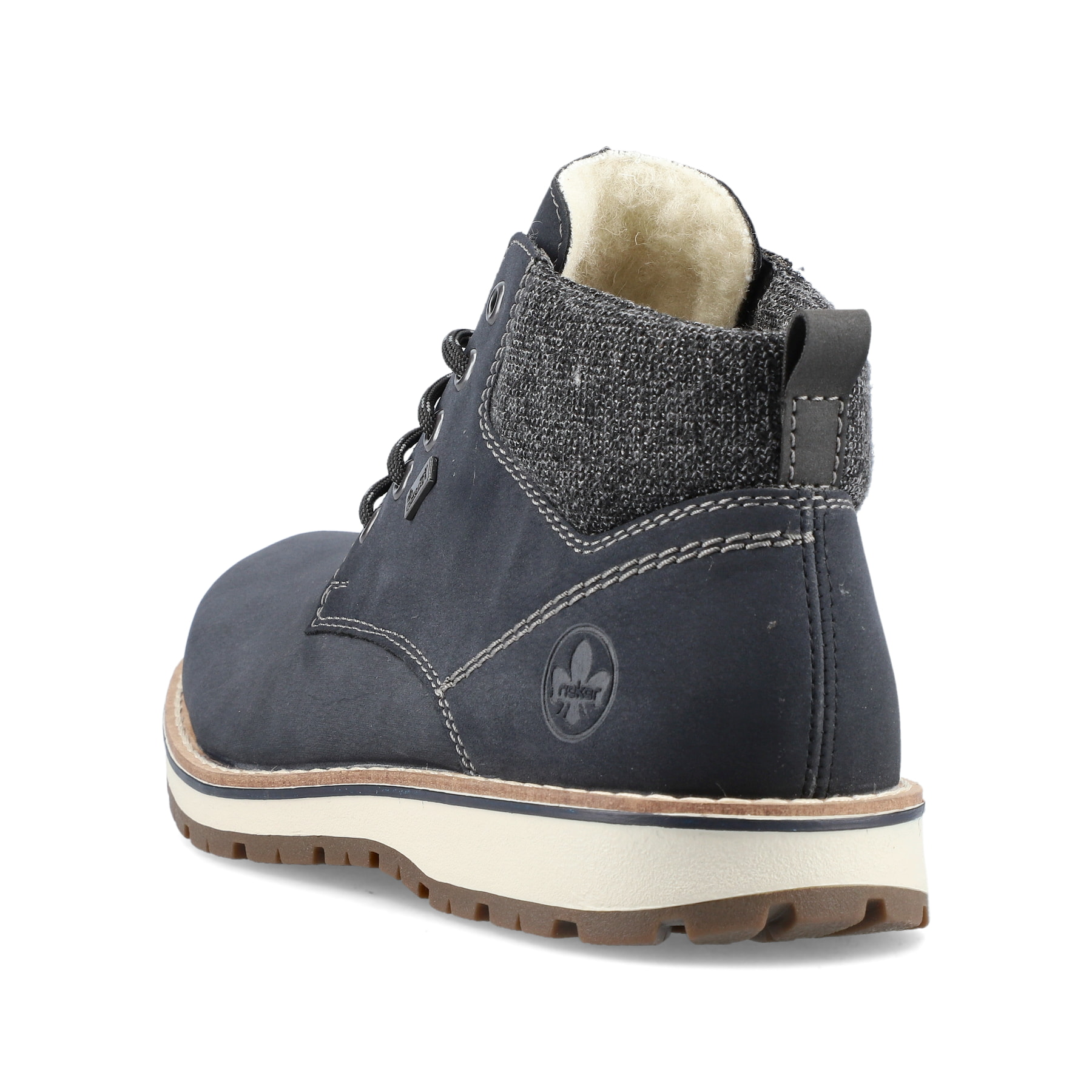 Pazifikblaue Rieker Herren Schnürstiefel 38419-16 mit einer robusten Profilsohle. Schuh von hinten