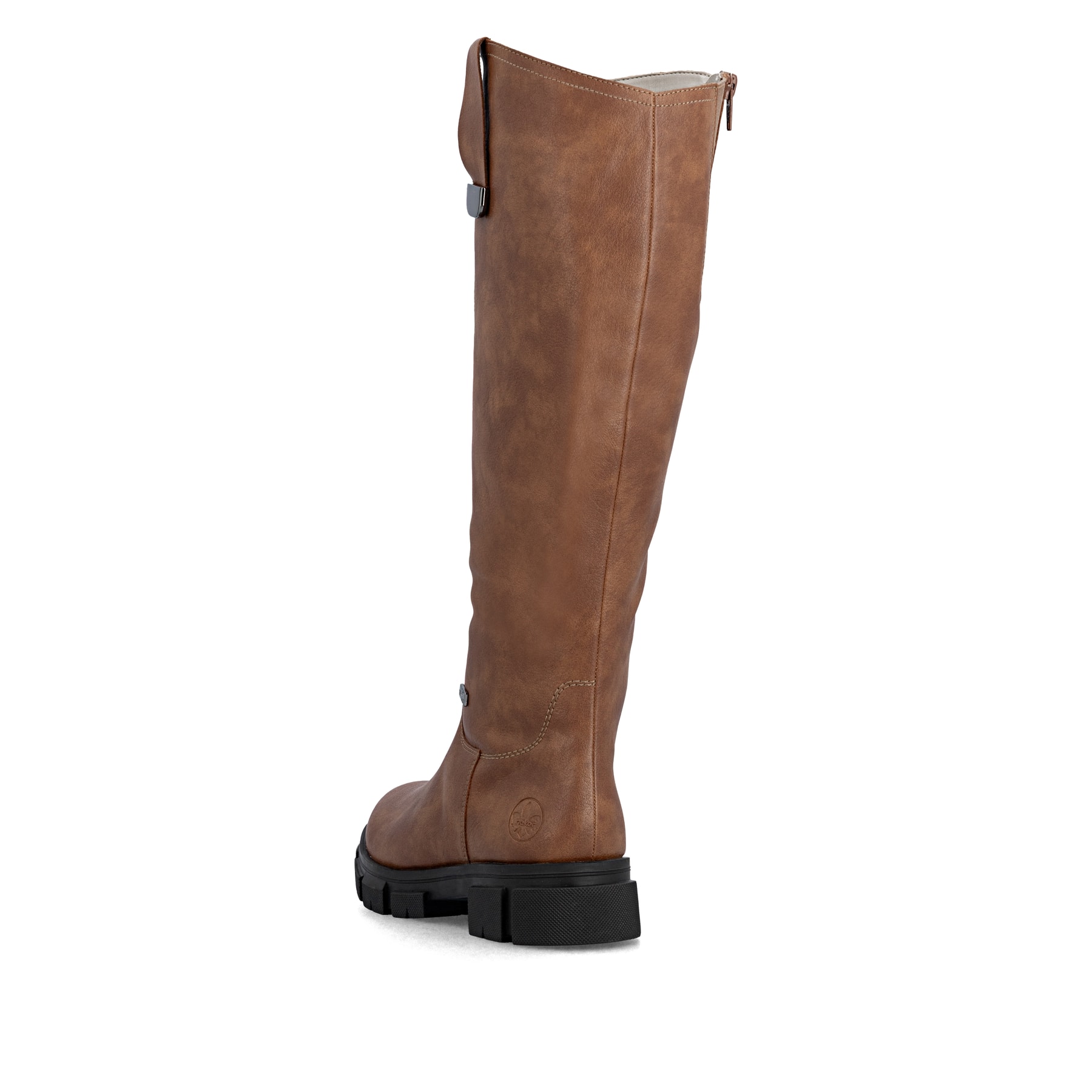 Zimtfarbene Rieker Damen Hochschaftstiefel Y7190-24 mit einem Reißverschluss. Schuh von hinten.