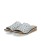 Blaue Rieker Damen Pantoletten V3693-10 mit Strasssteinen sowie leichter Sohle. Schuhpaar seitlich schräg.