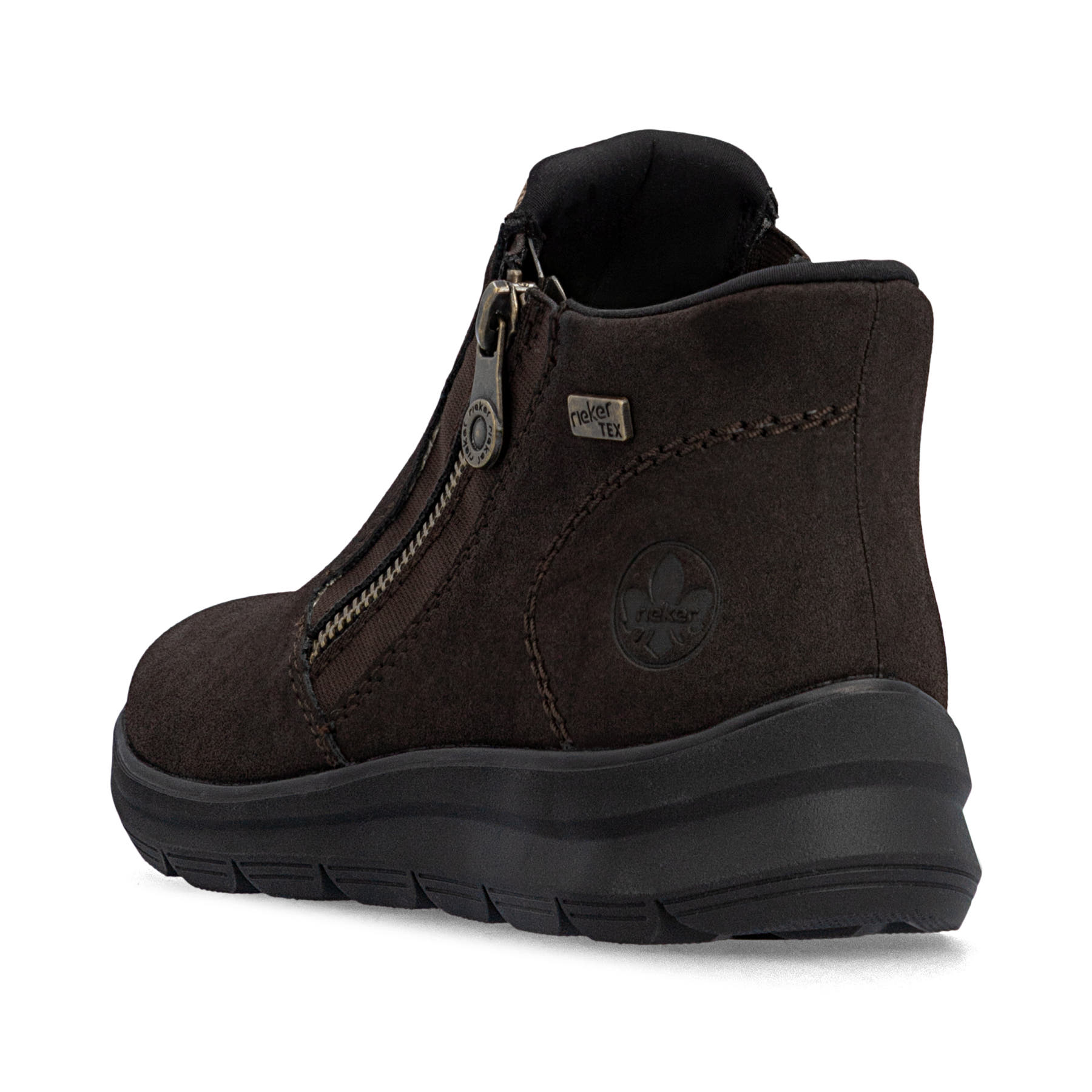 Dunkelbraune Rieker Damen Kurzstiefel Z0059-25 mit wasserabweisender TEX-Membran. Schuh von hinten.