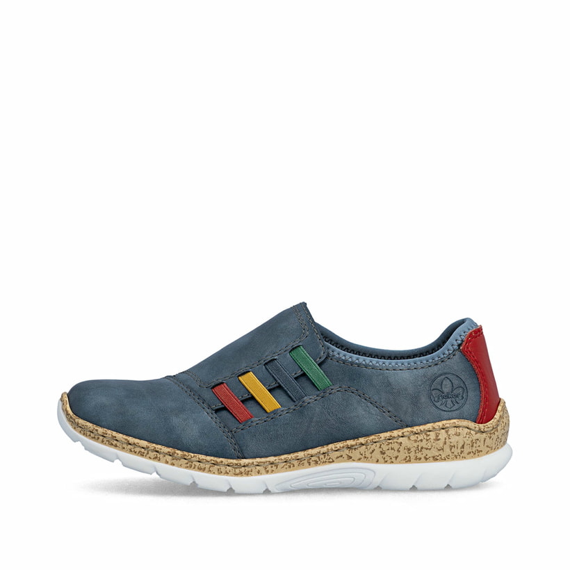 Blaue Rieker Damen Slipper N4264-14 mit einem Gummizug. Schuh Außenseite.