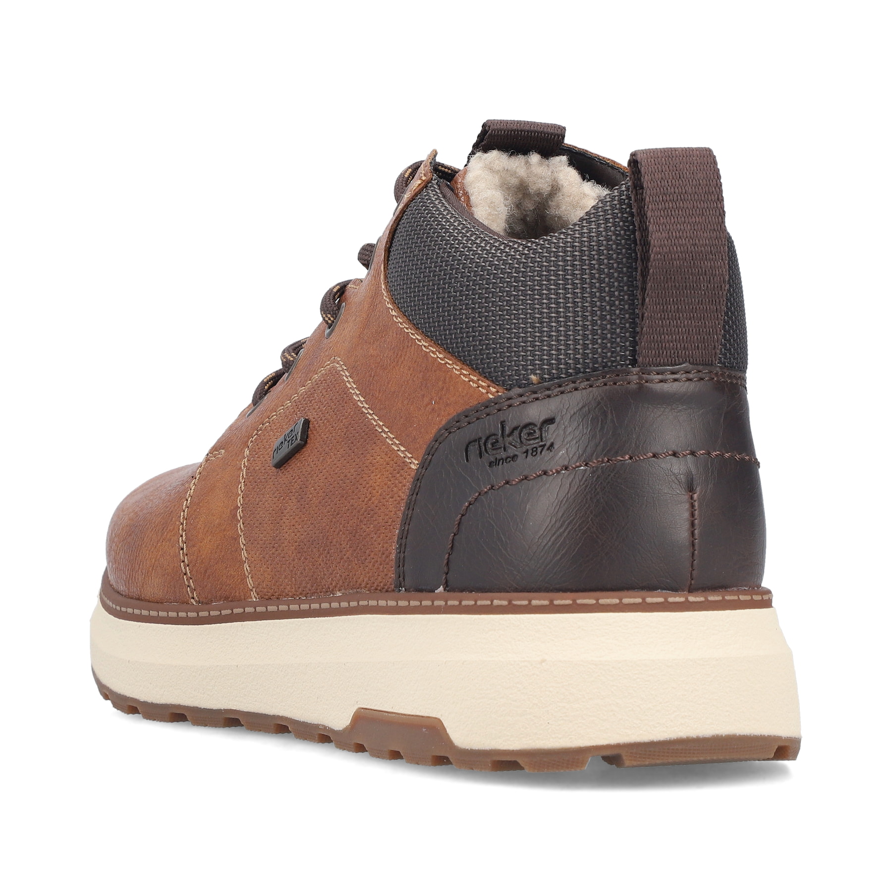Braun-schwarze Rieker Herren Sneaker High B5530-25 mit einem Reißverschluss. Schuh von hinten.