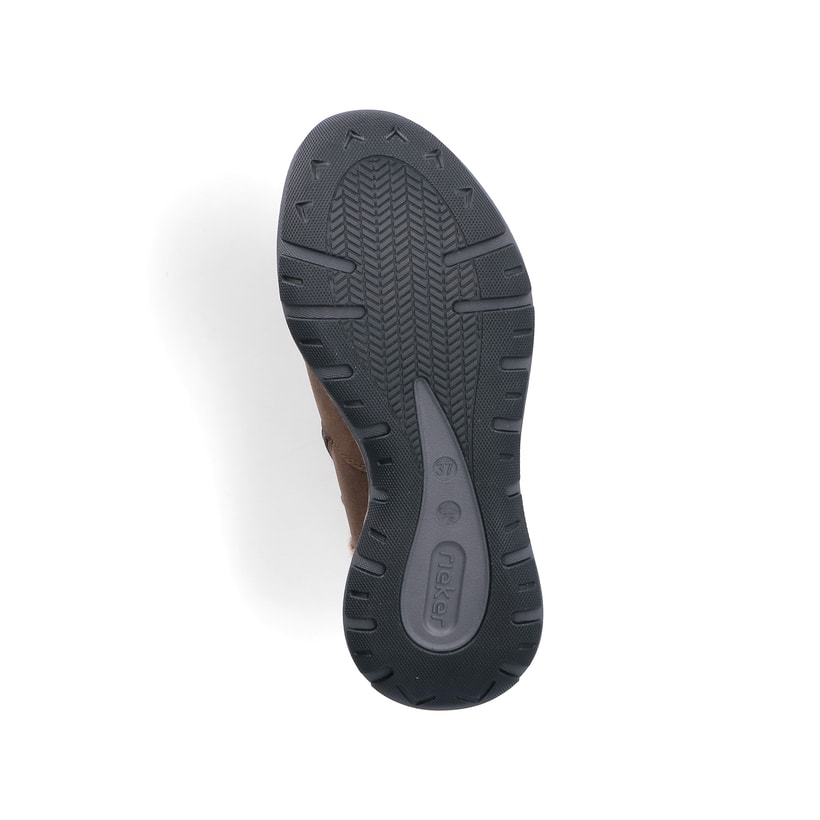 Braune Rieker Damen Kurzstiefel M6560-25 mit Fellkragen sowie Reißverschluss. Schuh Laufsohle.