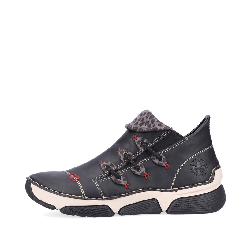 Schwarz-graue Rieker Damen Kurzstiefel 45983-00 mit einem Reißverschluss. Schuh Außenseite.