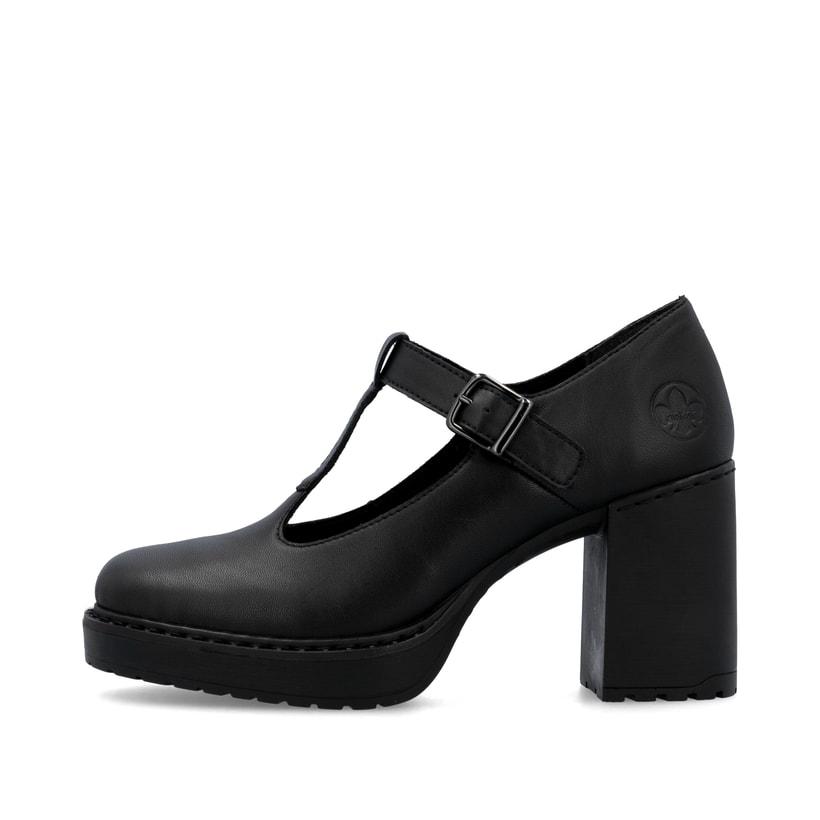 Schwarze Rieker Pumps Y4160-00 mit einer Schnalle sowie der Komfortweite G. Schuh Außenseite.
