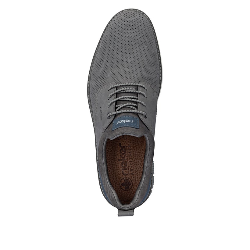 Graue Rieker Herren Slipper 14450-42 mit einem Gummizug sowie Komfortweite G 1/2. Schuh von oben.