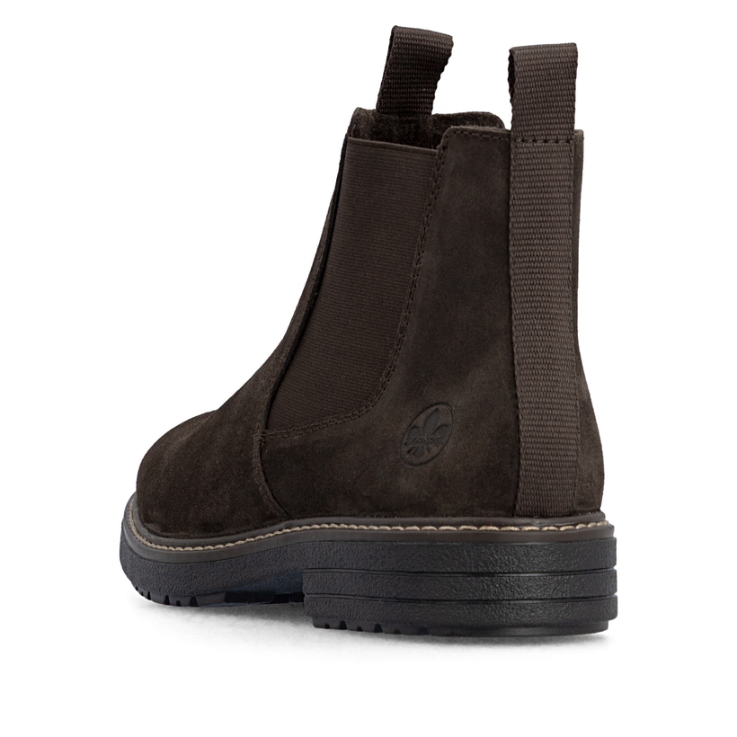 Dunkelbraune Rieker Herren Chelsea Boots 33180-28 aus Rauleder. Schuh von hinten.