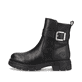 Schwarze Rieker Damen Kurzstiefel Z9174-00 mit Zierschnalle sowie Reißverschluss. Schuh Außenseite.