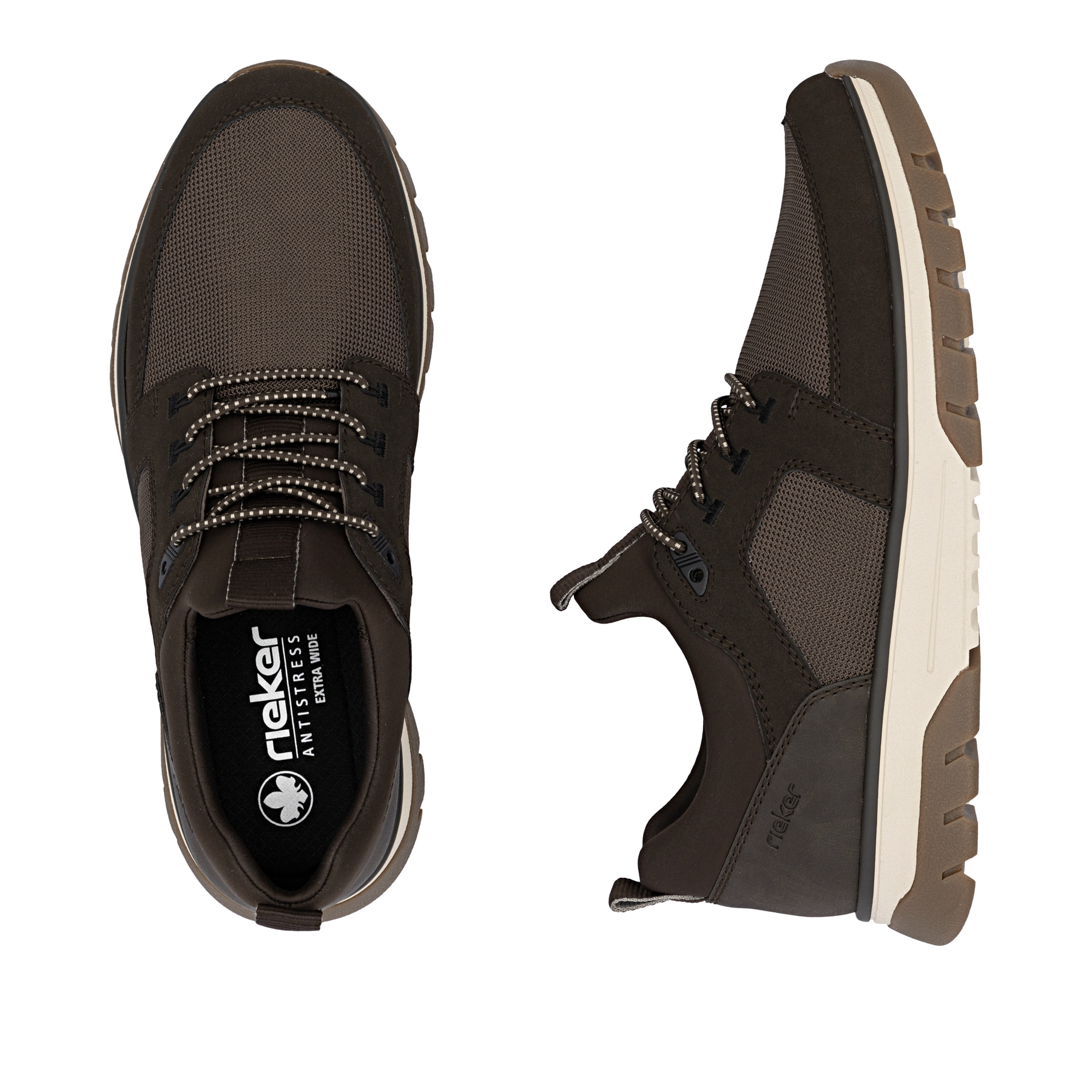 Braune Rieker Herren Slipper B9351-25 mit einem Gummizug sowie der Extraweite H. Schuh von oben, liegend.