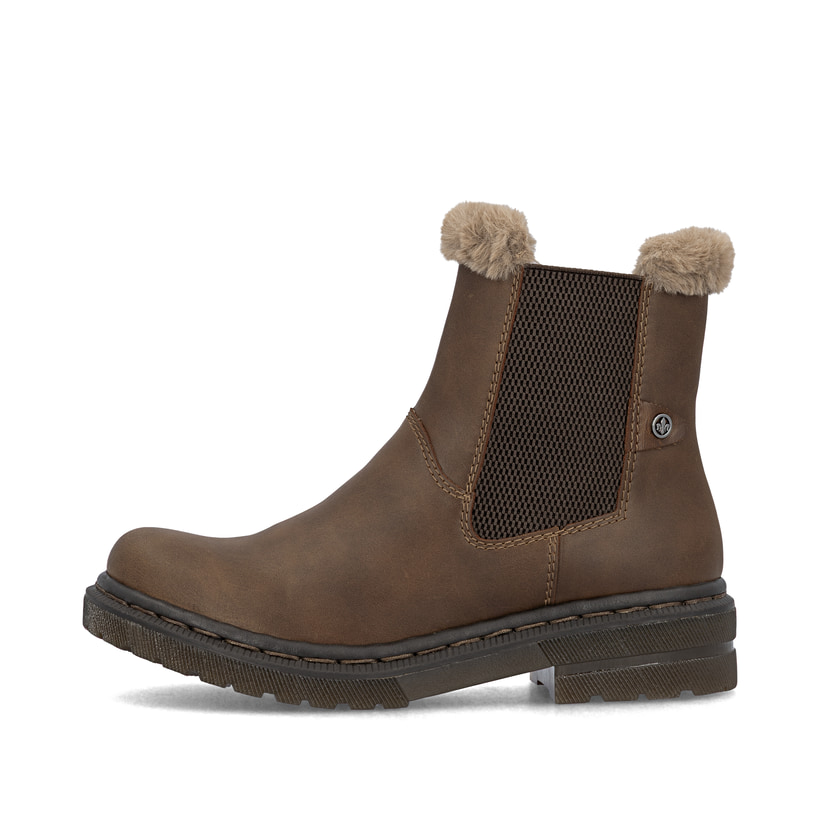 Dunkelbraune Rieker Damen Chelsea Boots 78250-22 mit Fellschaftrand. Schuh Außenseite.