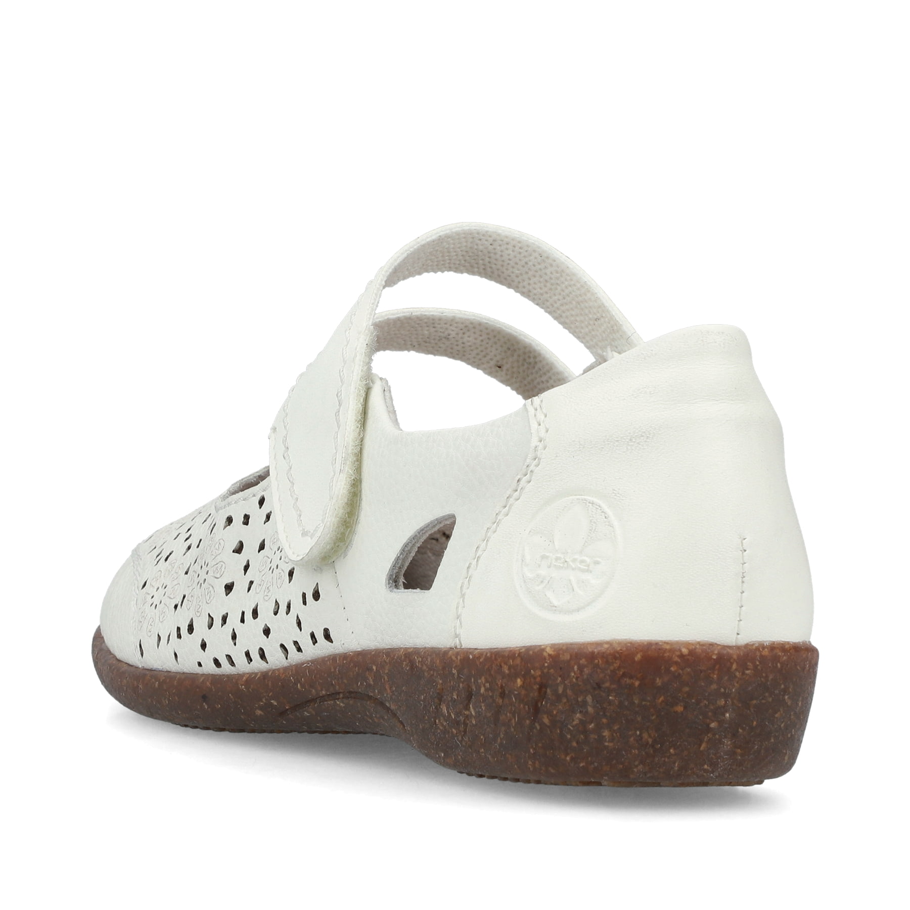 Weiße Rieker Ballerinas 47675-80 mit modernen Ziernähten sowie Klettverschluss. Schuh von hinten.