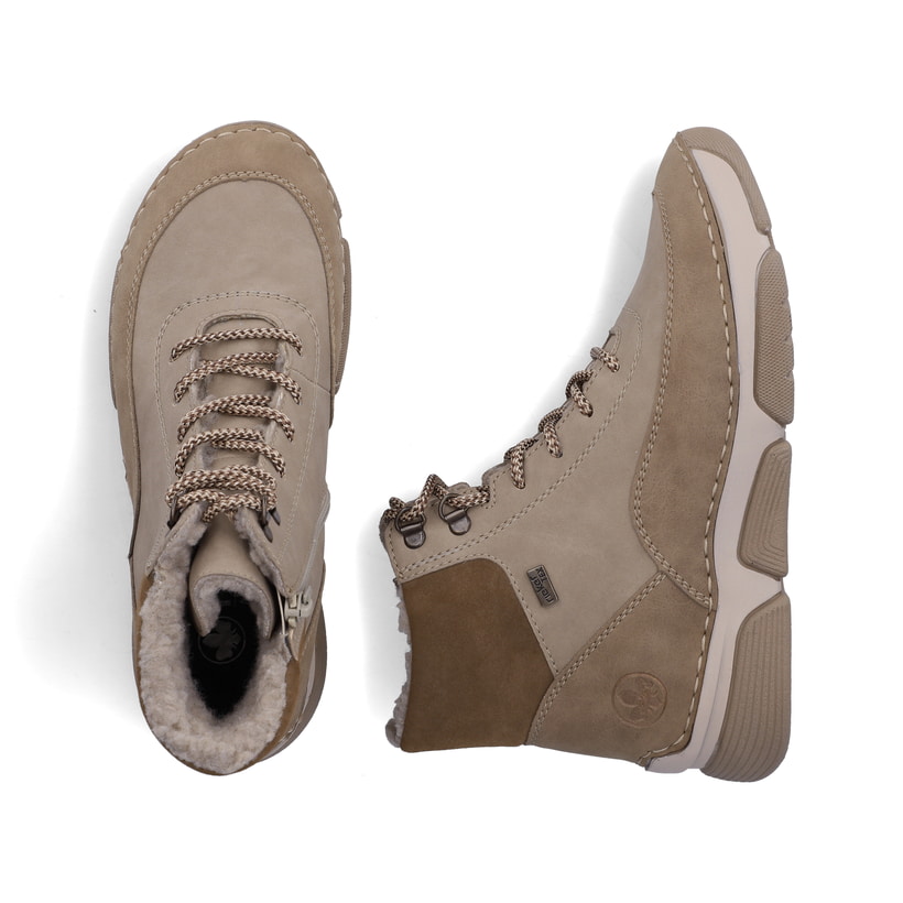 Beige Rieker Damen Schnürstiefel 45956-64 mit wasserabweisender TEX-Membran. Schuh von oben, liegend.