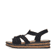 Schwarze Rieker Keilsandaletten 62969-00 mit Gummizug sowie schmaler Passform E. Schuh Außenseite.