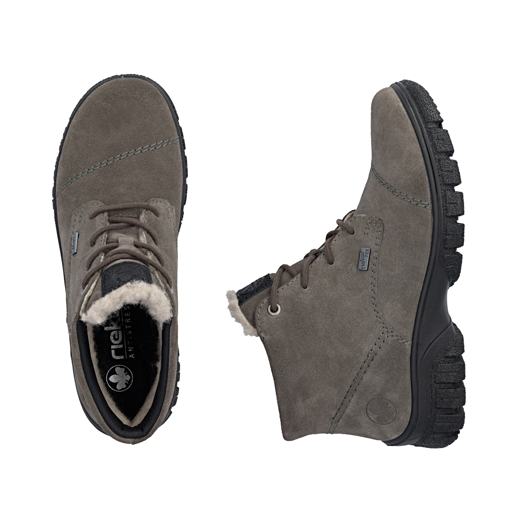 Dunkelgraue Rieker Damen Schnürstiefel Z7218-45 aus Rauleder. Schuh von oben, liegend.