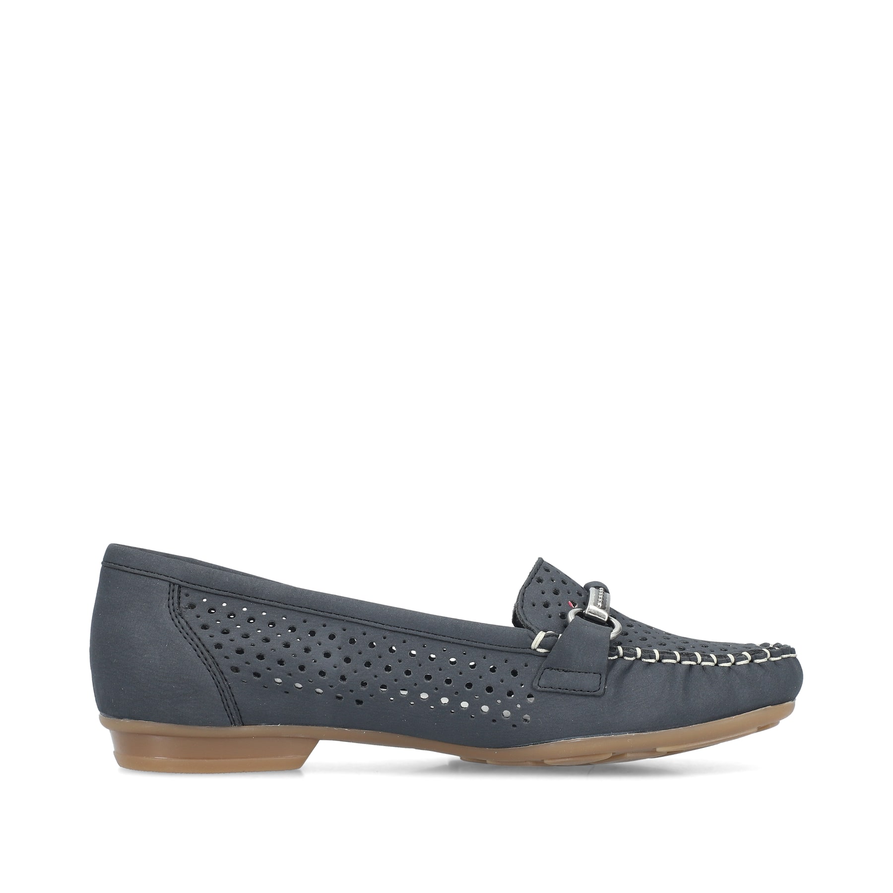 Blaue Rieker Damen Loafer 40065-15 mit der schmalen Passform E 1/2. Schuh Innenseite.