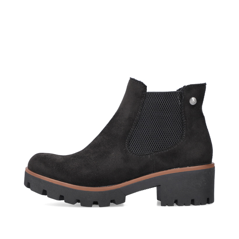 Chelsea Boots Rieker noires pour femme 79265-00 avec bande élastique. Côté extérieur de la chaussure.
