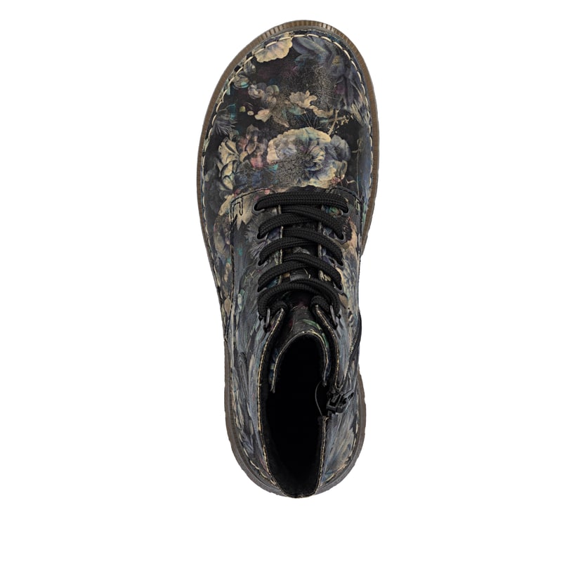 Schwarze Rieker Damen Schnürstiefel 53632-90 mit floralem Aufdruck. Schuh von oben.