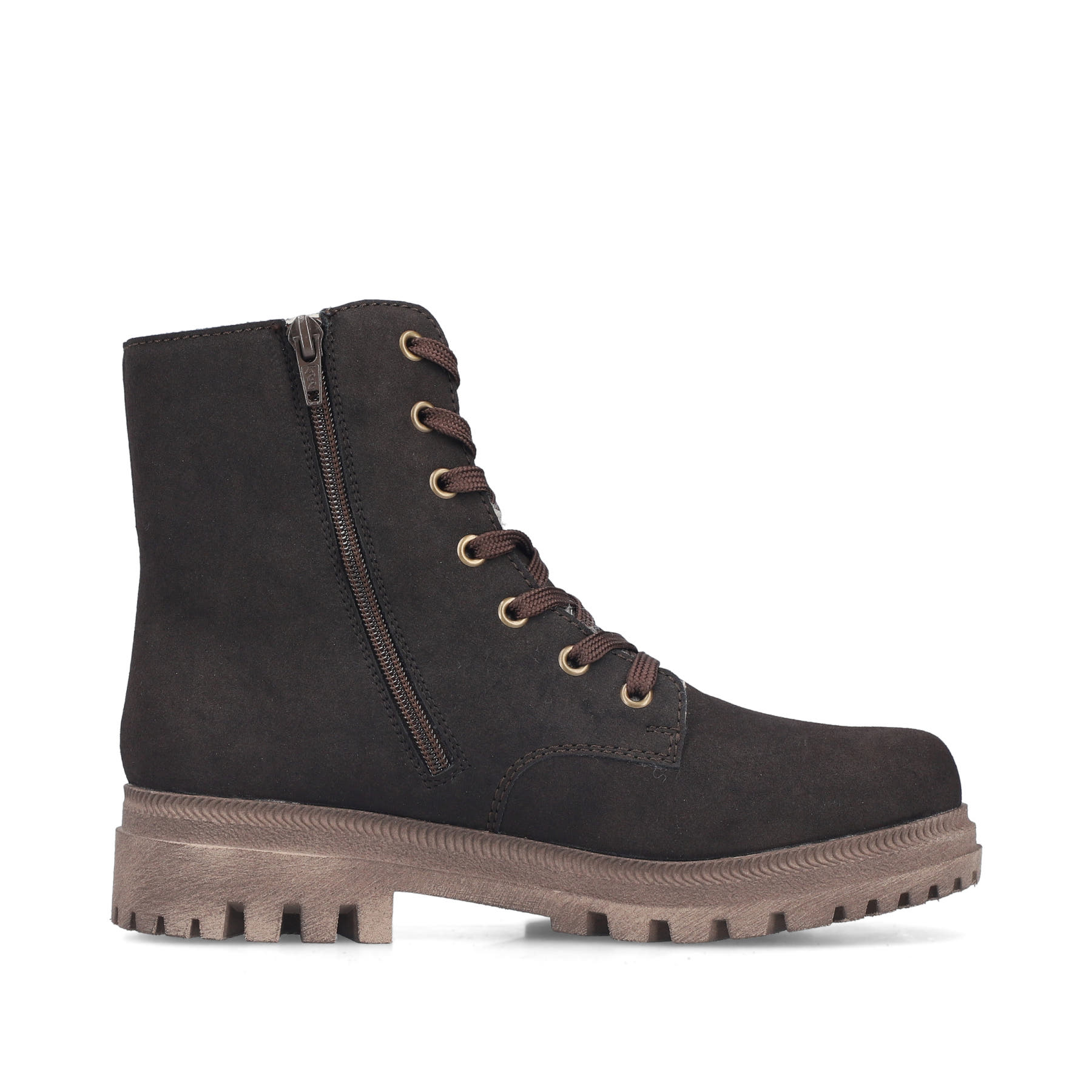 Dunkelbraune Rieker Damen Biker Boots Y7622-25 mit einem Reißverschluss. Schuh Innenseite.