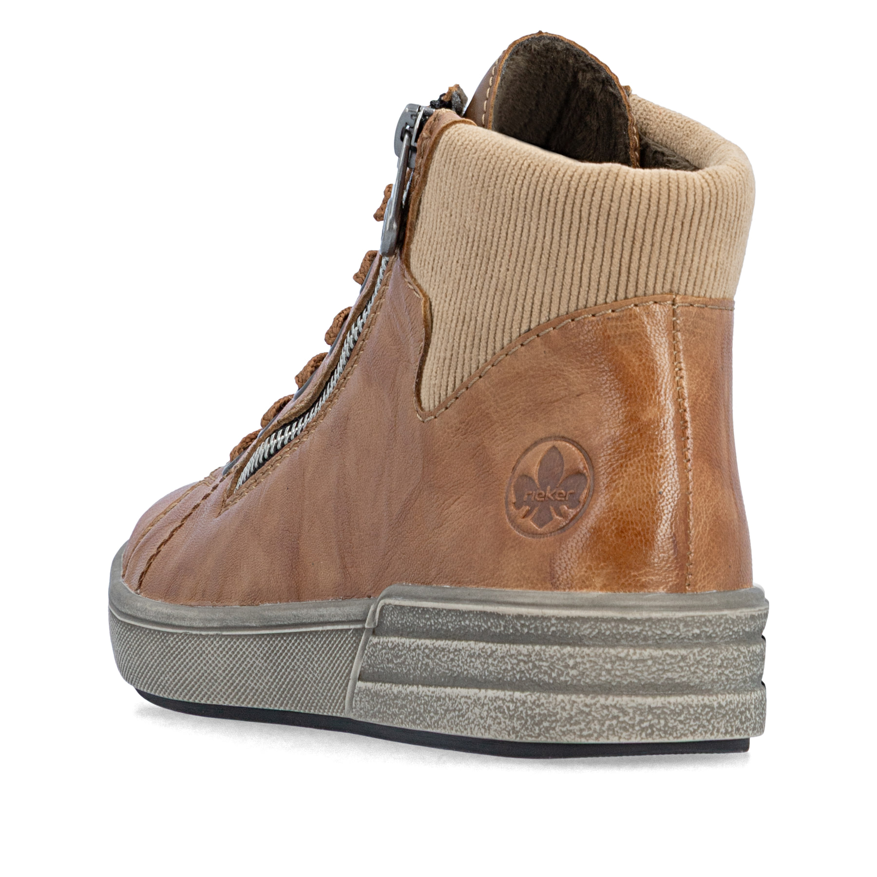 Braune Rieker Damen Sneaker High X0709-22 aus Glattleder mit Reißverschluss. Schuh von hinten.