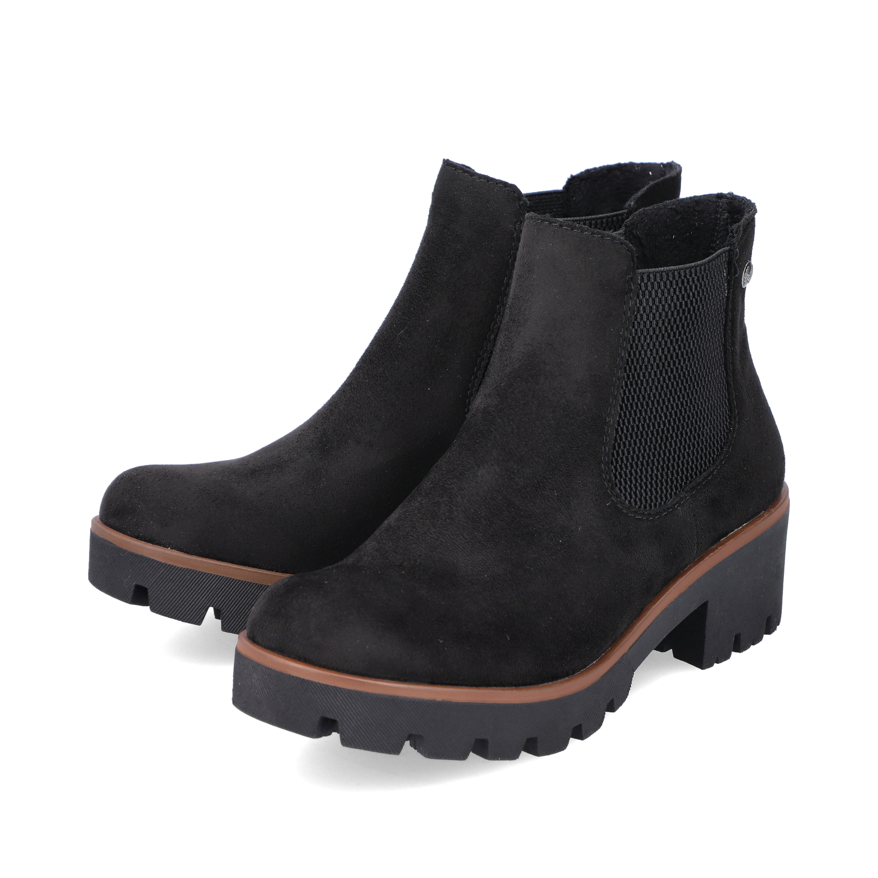 Graphitschwarze Rieker Damen Chelsea Boots 79265-00 mit einer leichten Profilsohle. Schuhpaar schräg.