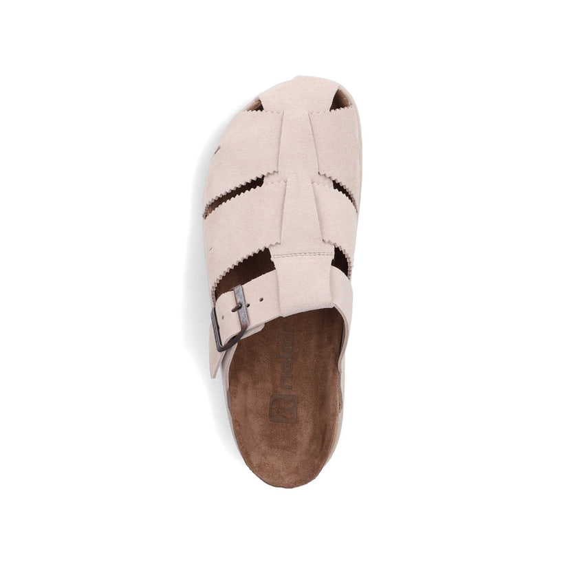 Mules Rieker beiges pour femme V3164-62 en cuir velours avec boucles. Chaussure vue de dessus.
