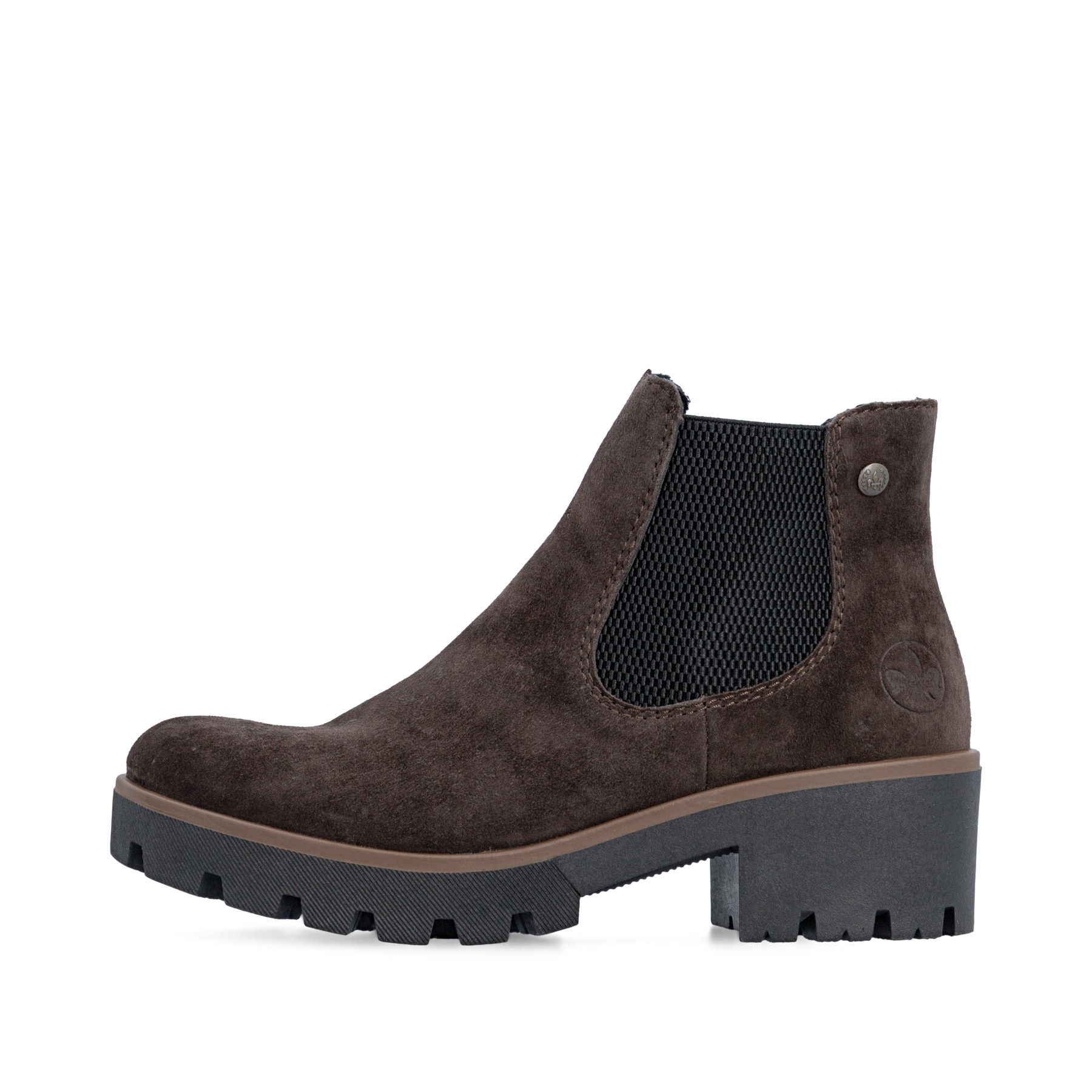 Dunkelbraune Rieker Damen Chelsea Boots 79265-25 aus Rauleder mit einem Gummizug. Schuh Außenseite.