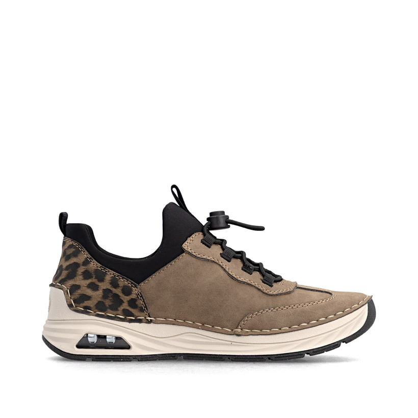 Braun-schwarze Rieker Damen Slipper 44551-24 mit Rieker Air Sohlenfenster. Schuh Innenseite.