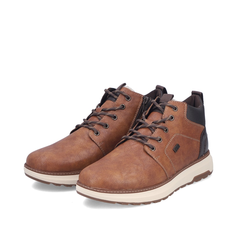 Braun-schwarze Rieker Herren Sneaker High B5530-25 mit einem Reißverschluss. Schuhpaar seitlich schräg.