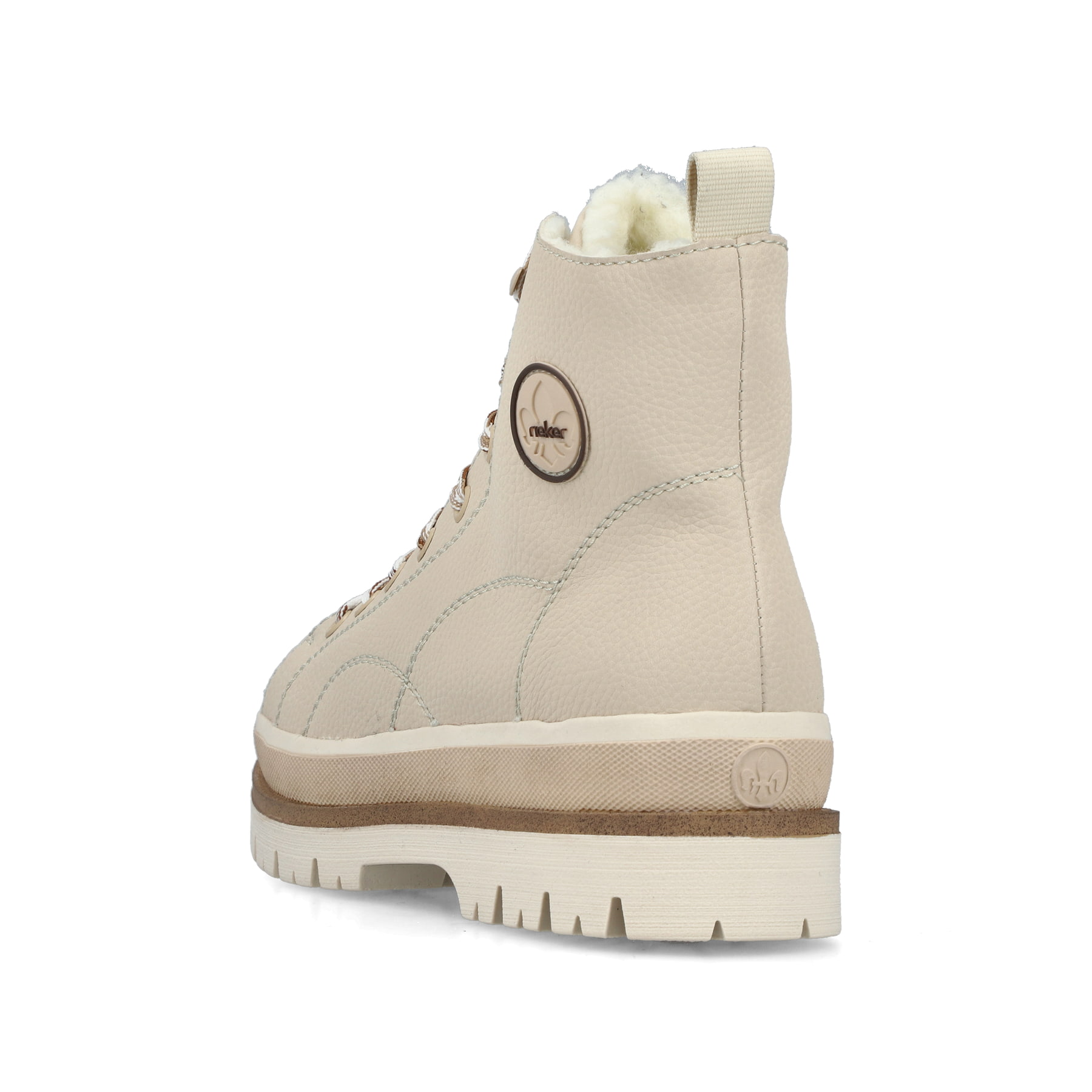 Hellbeige Rieker Damen Schnürstiefel Y6220-60 mit einem Reißverschluss. Schuh von hinten.