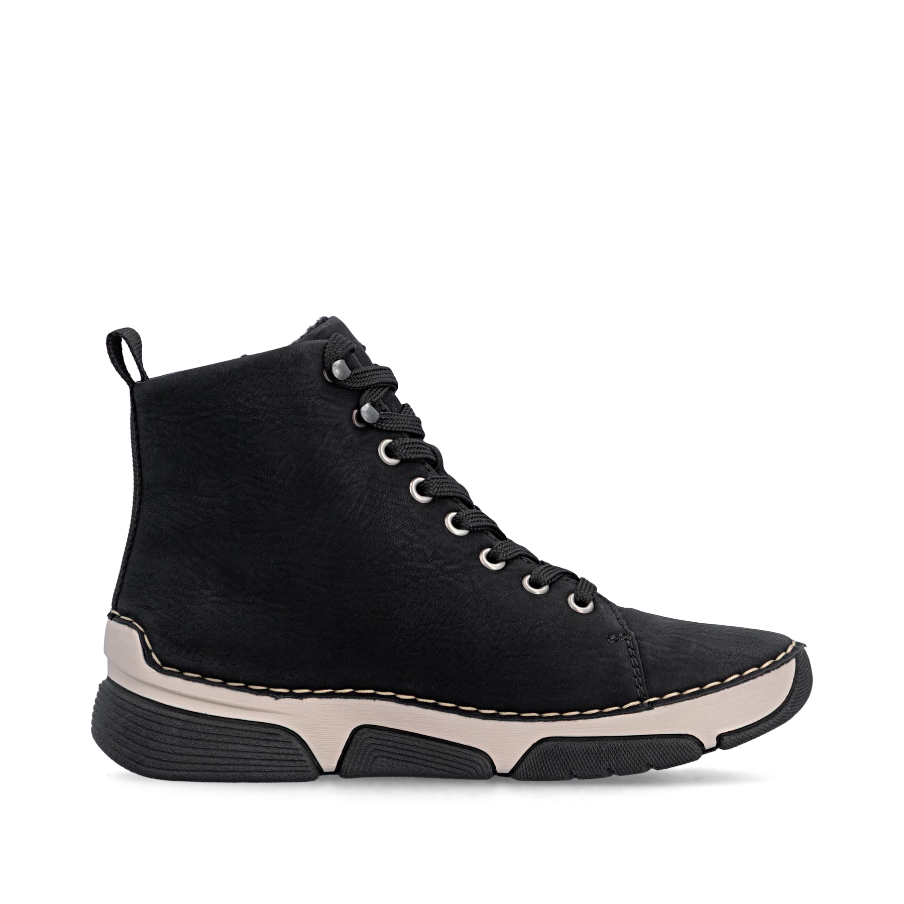 Schwarze Rieker Damen Schnürstiefel 45920-01 mit markanter Anflechter-Naht. Schuh Innenseite.