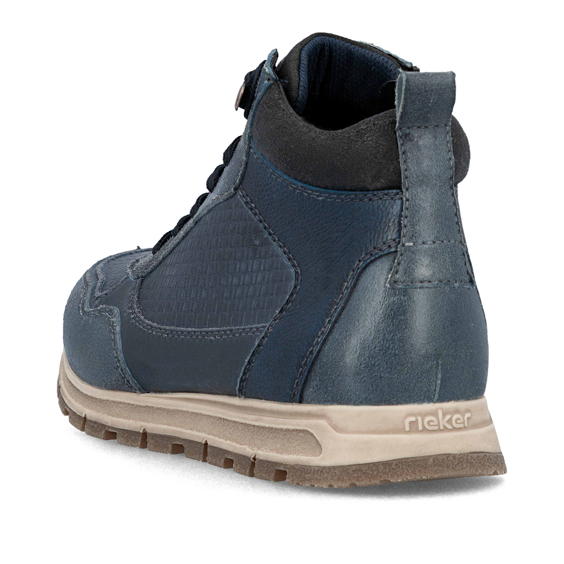 Blaue Rieker Herren Schnürstiefel B0508-14 aus Rauleder mit einem Reißverschluss. Schuh von hinten.