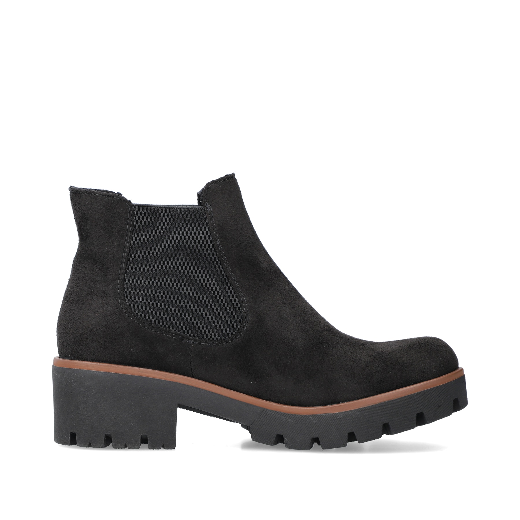 Graphitschwarze Rieker Damen Chelsea Boots 79265-00 mit einer leichten Profilsohle. Schuh Innenseite